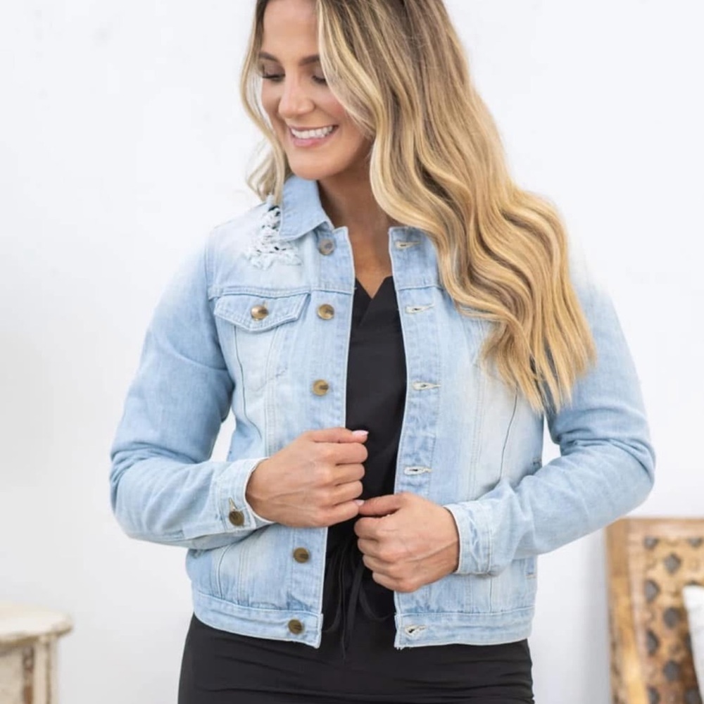 Mono B Light Wash Distressed Denim Jacket Size Small